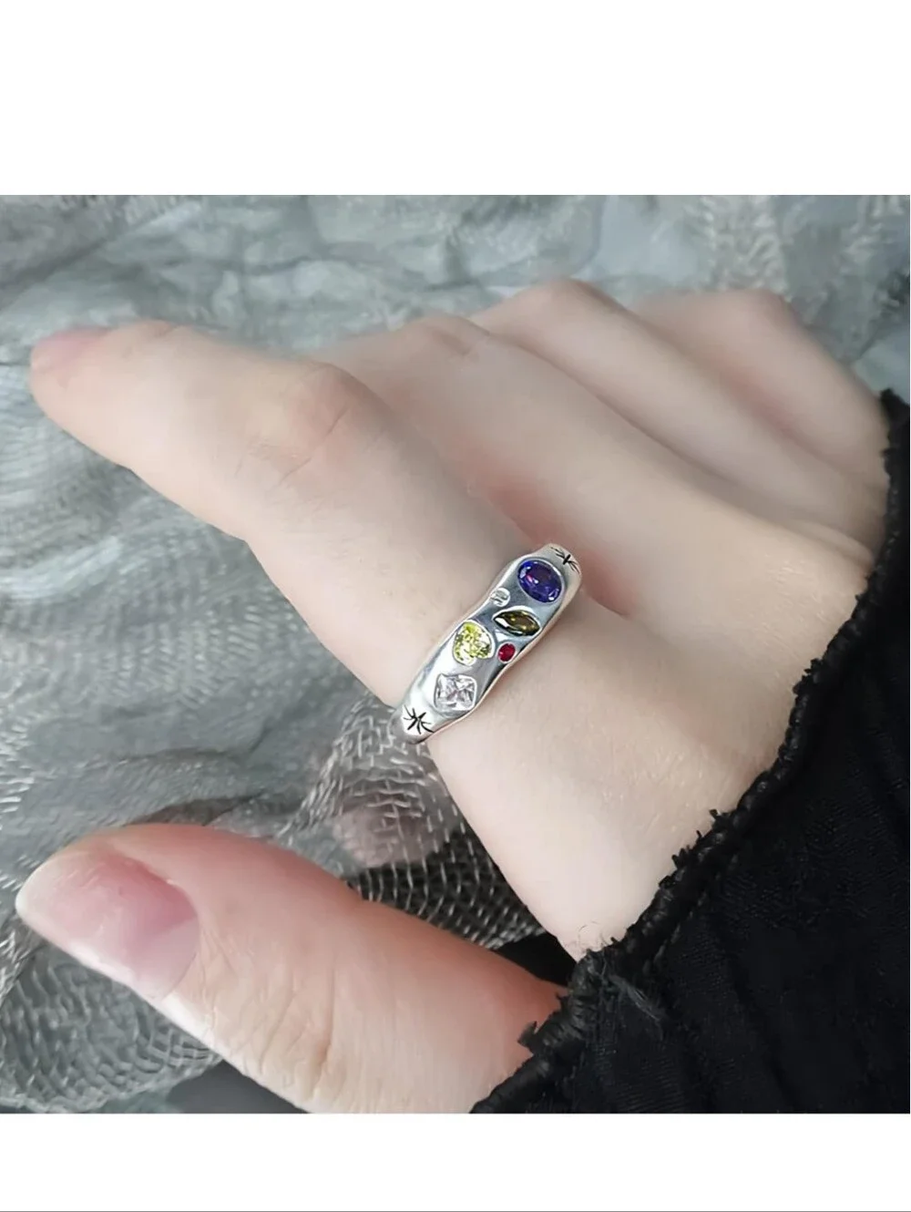 One NWT 925 Sterling Silver Multicolor CZ Chunky Dome Open Ring – Adjustable